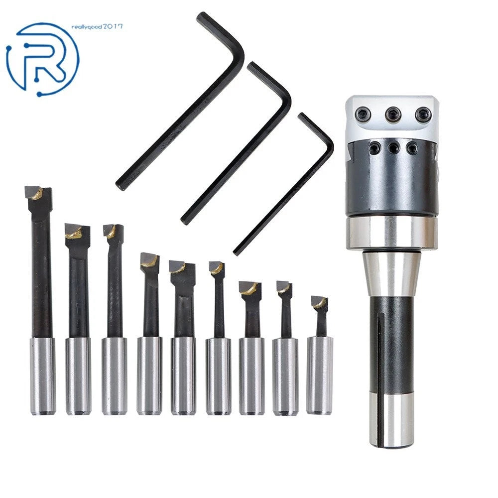 9 Piece Carbide Boring Bar Set with 2" Boring Head for R8 Shank