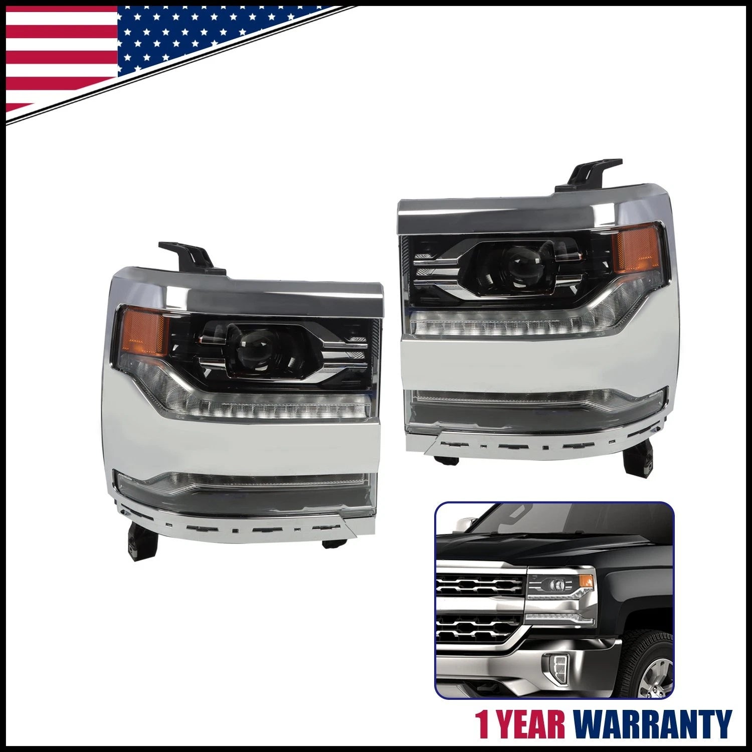 Full LED Headlights for Chevy Silverado 1500 (2016–2018) Chrome Bezel Pair