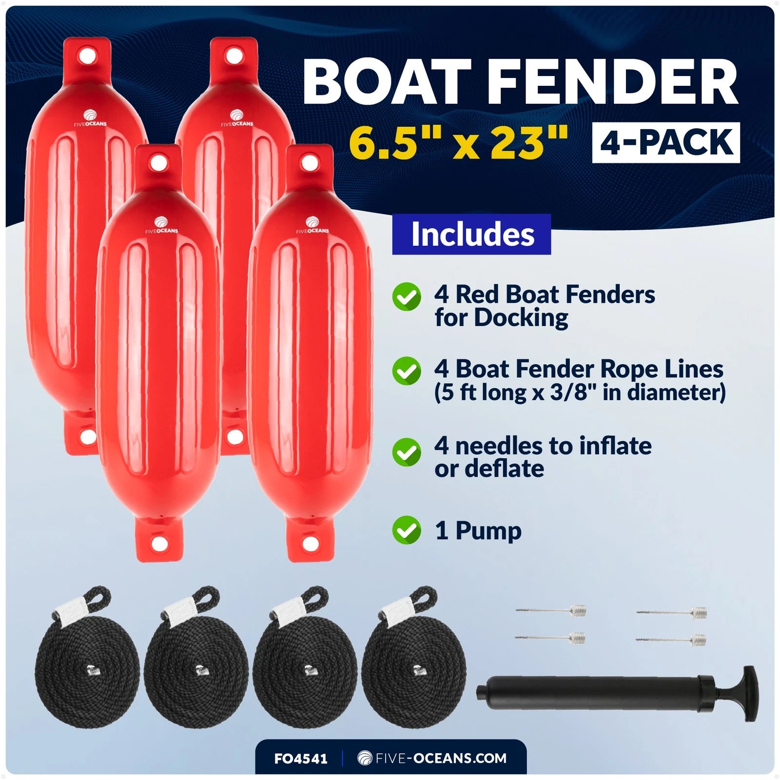Set of 4 Boat Dock Fenders 6.5x23 Red Ribbed Marine Bumpers