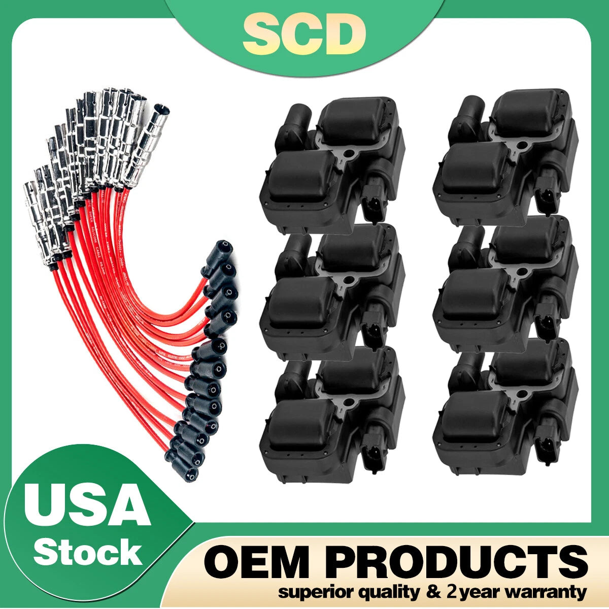 Set of 6 Ignition Spark Coils & Plug Wire Sets for Mercedes-Benz C/CL/CLK/ML