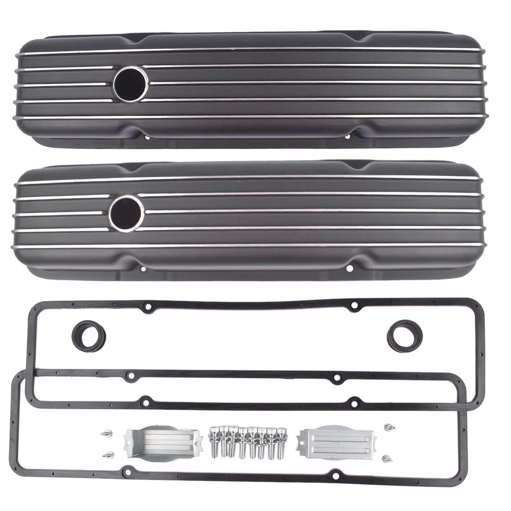 Black Aluminum Finned Short Valve Cover for Small Block Chevy 305 327 (1958–1986)