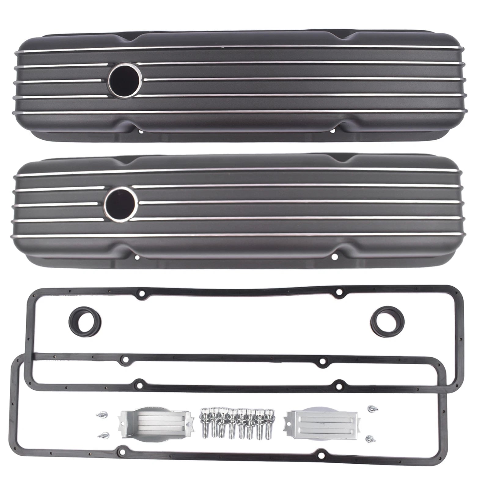 Black Aluminum Finned Short Valve Cover for Small Block Chevy 305 327 (1958–1986)