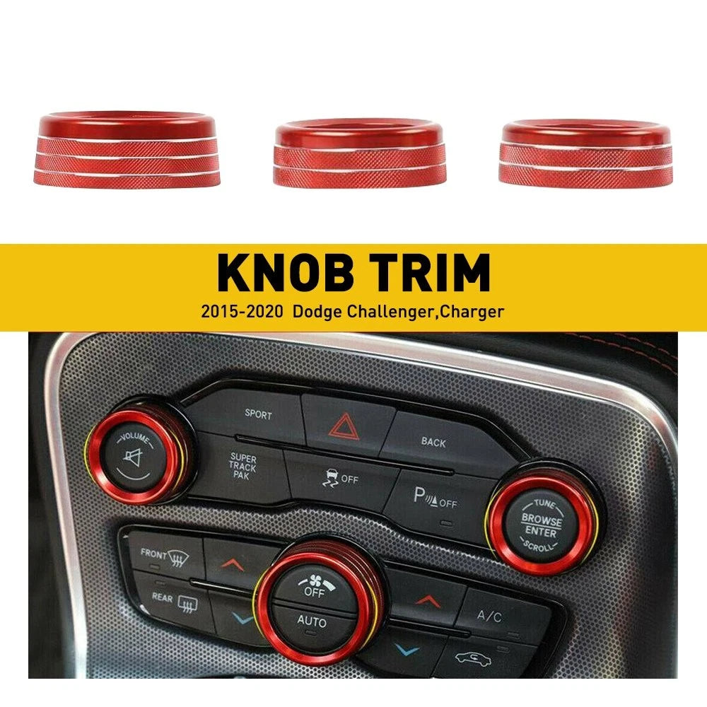 3pcs AC Radio Switch Trim Knob Ring Cover for Dodge Challenger/Charger (2015–2020) RED