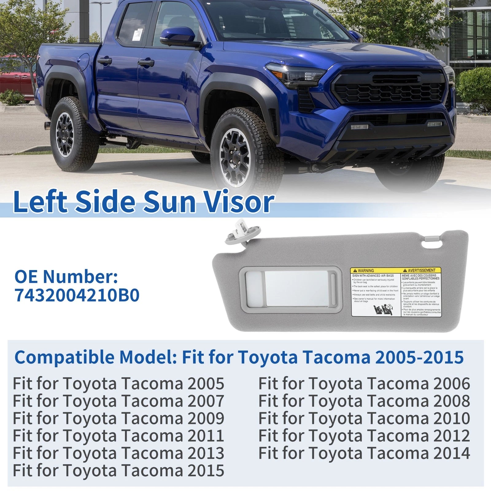 Left Sun Visor for Toyota Tacoma (2005–2015) Gray w/ Vanity Mirror & Light