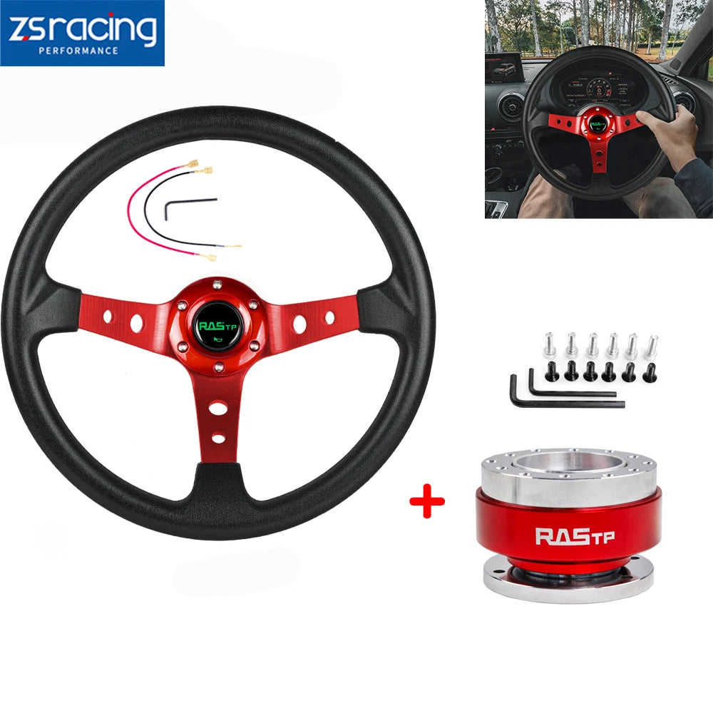 Deep Dish Red Racing Steering Wheel with Quick Release Adapter Kit