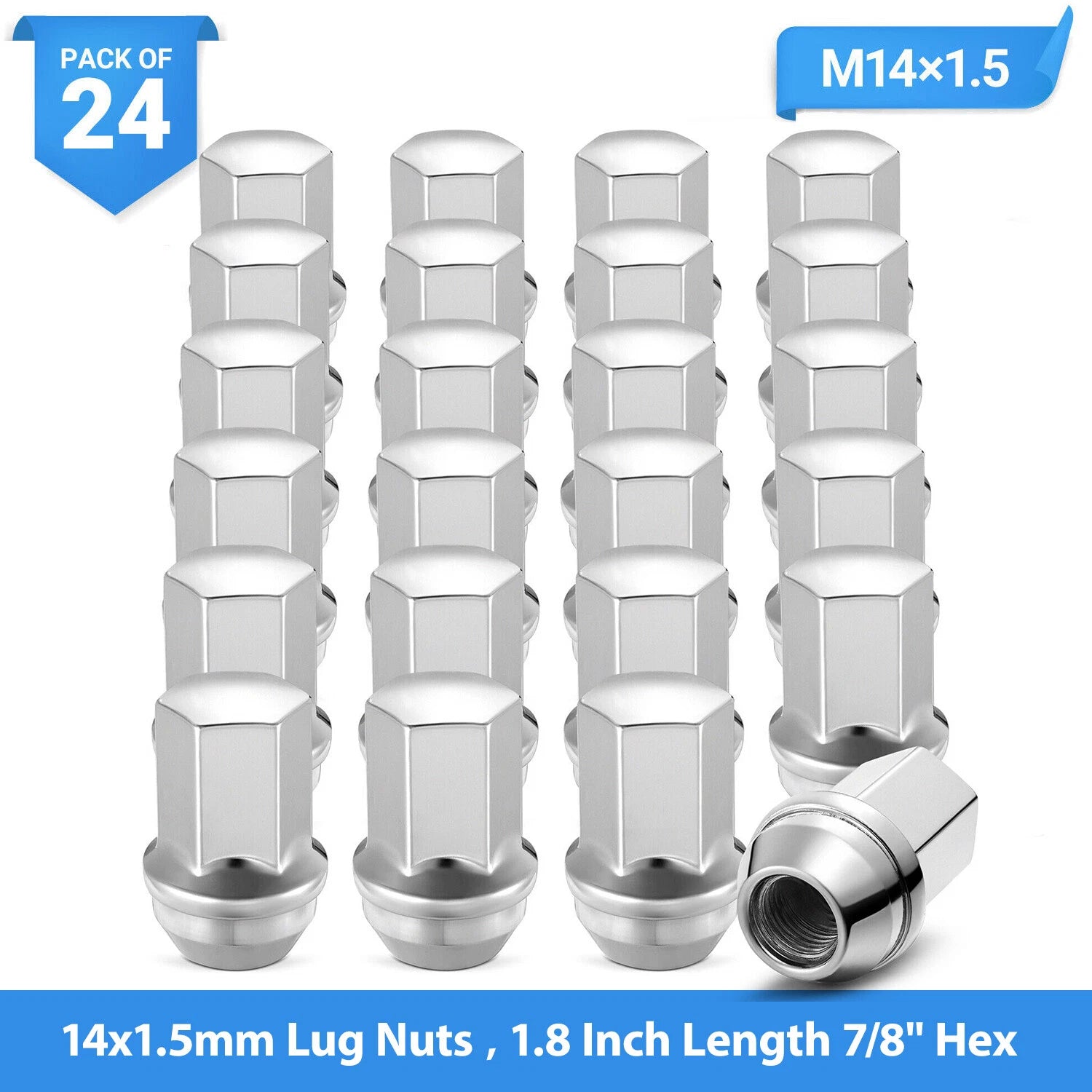 24pc Factory Style Lug Nuts for 14x1.5mm (1.8in) 7/8in Hex Chrome (2012–2014)