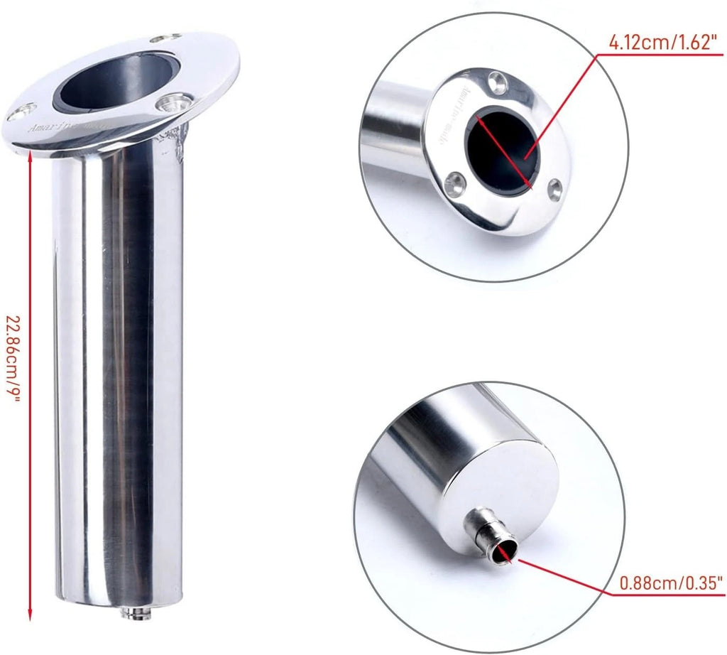 2X Flush Mount Fishing Rod Holders with Drain 316 Stainless Steel 30 Degree
