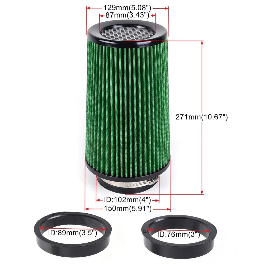 High Flow Cold Air Intake Filter for Performance Vehicles (3", 3.5", 4", 10.5" Tall)