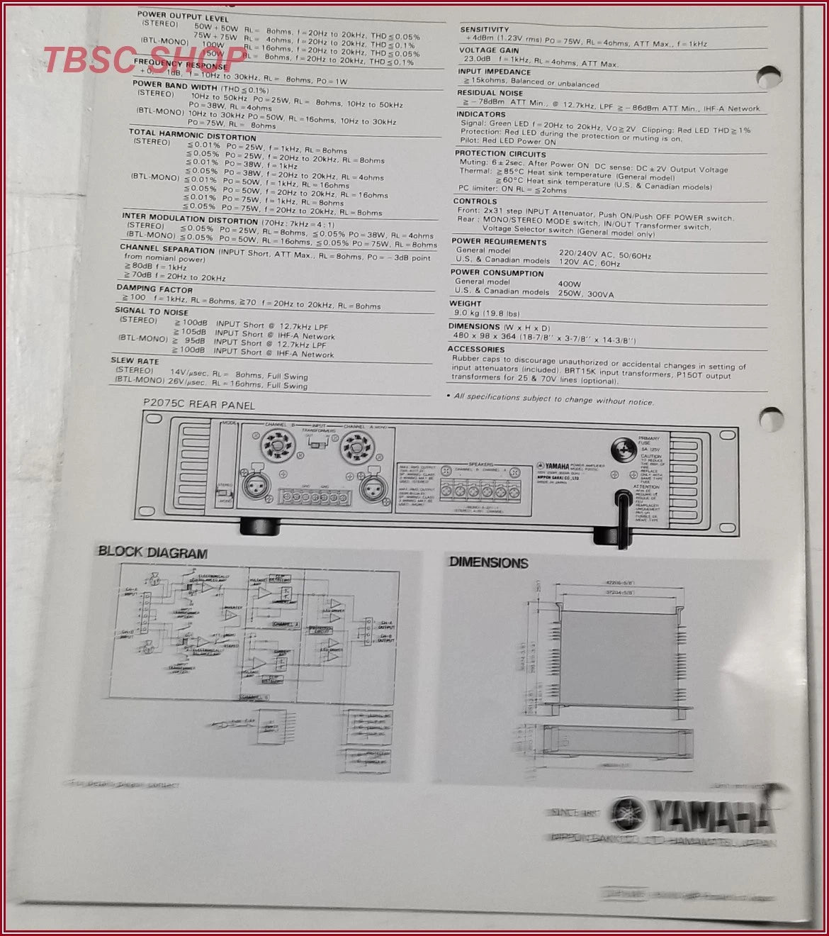 Yamaha P2075C Power Amplifier Brochure for Yamaha P2075C
