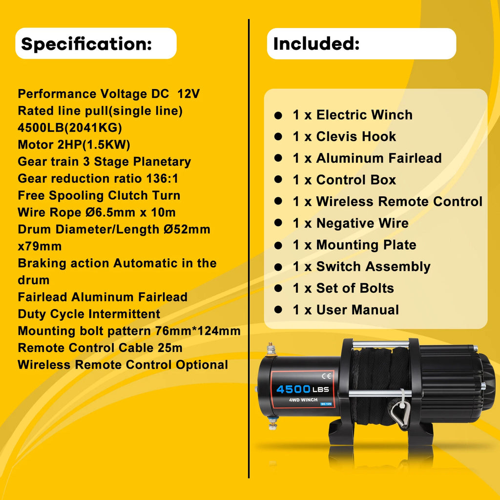4500LBS Electric Recovery Winch for Trailer Truck SUV with Wireless Remote