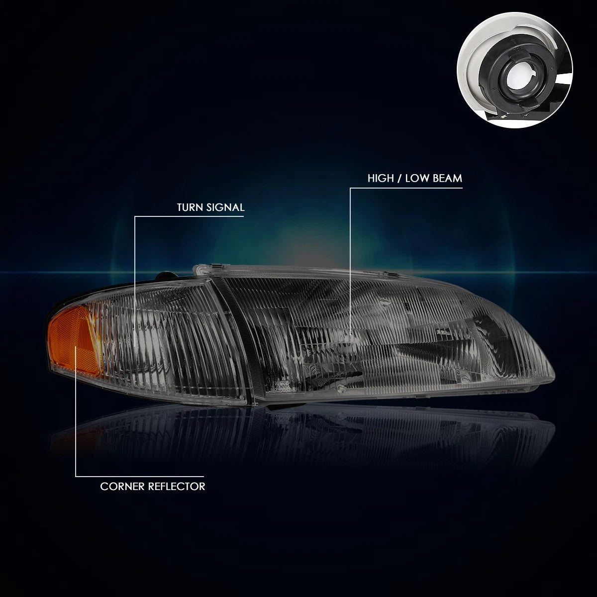 Direct Replacement Headlight for Mazda 626 (1998–1999) Smoked Housing Amber Side