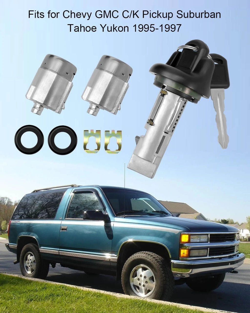 Ignition Switch Lock Cylinder Set with 2 Door Lock Cylinders & 2 Keys for GMC Chevy
