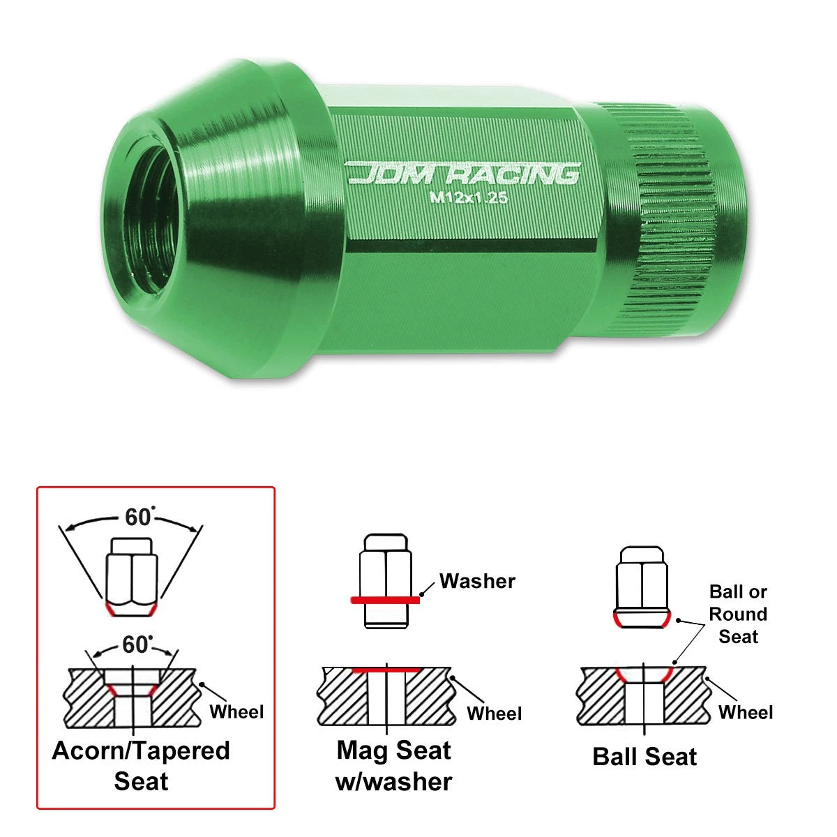 20Pc M12X1.25 Green JDM Open End Bulge Hex Wheel Lug Nuts + Extension 25mmx44mm