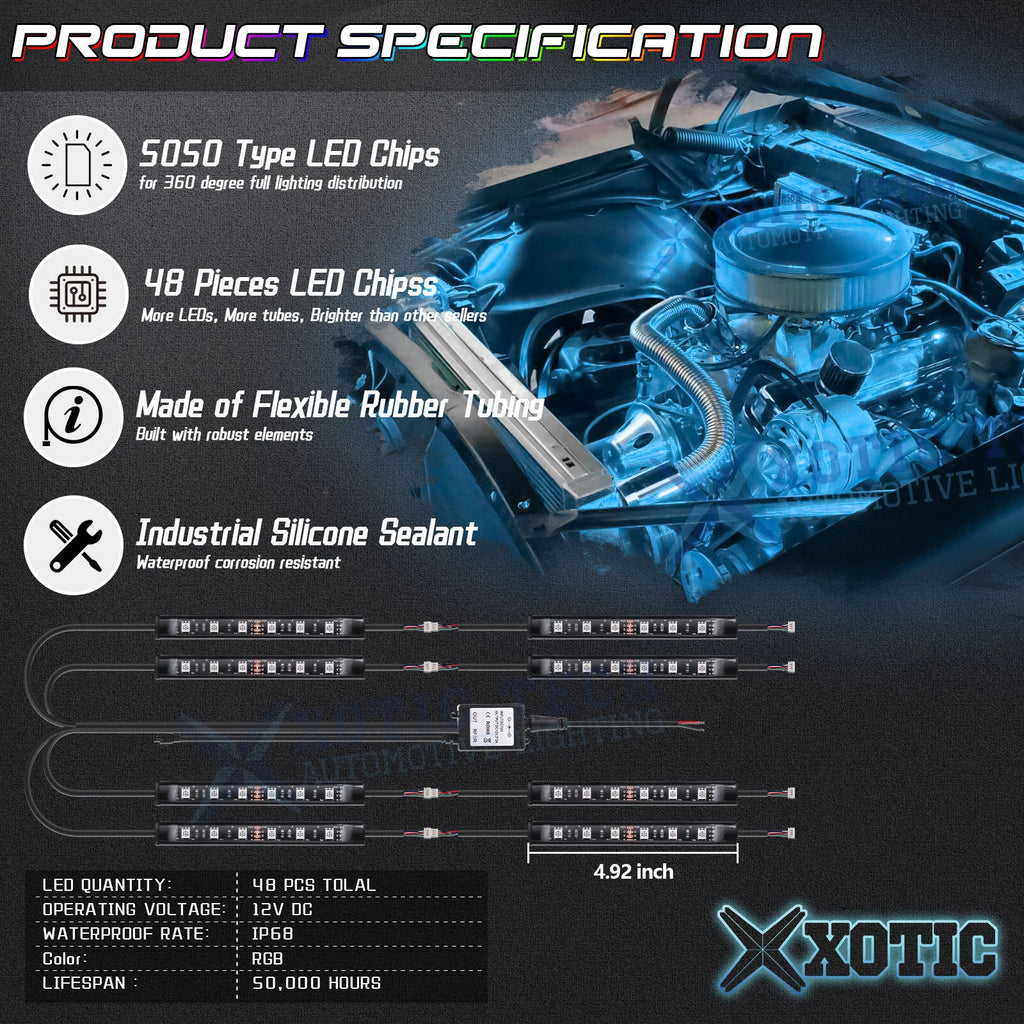 8x 4.9" RGB LED Engine Bay Accent Strips for Lexus (2010-2021)