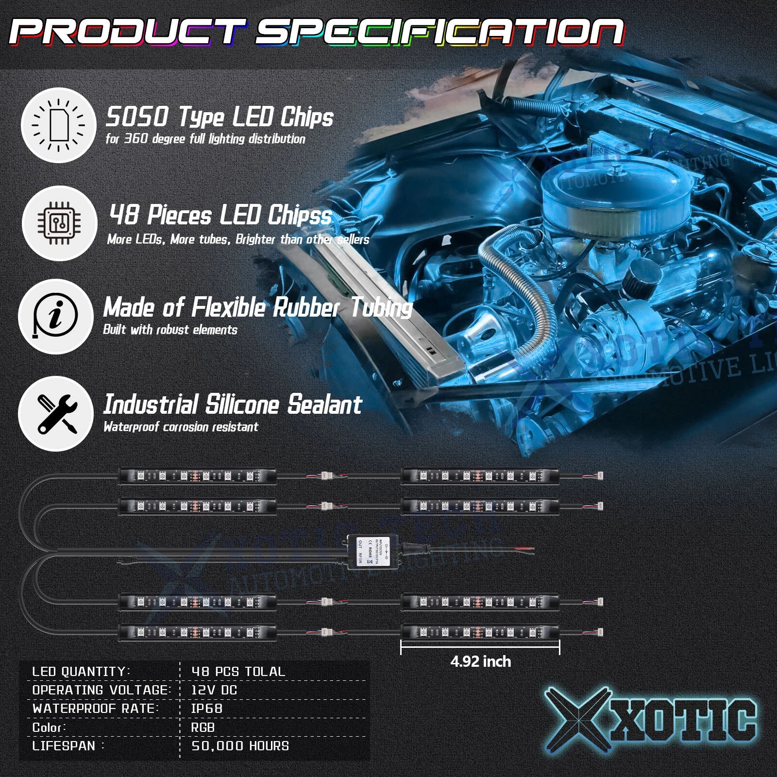 8x 4.9" RGB LED Engine Bay Accent Strips for Lexus (2010-2021)
