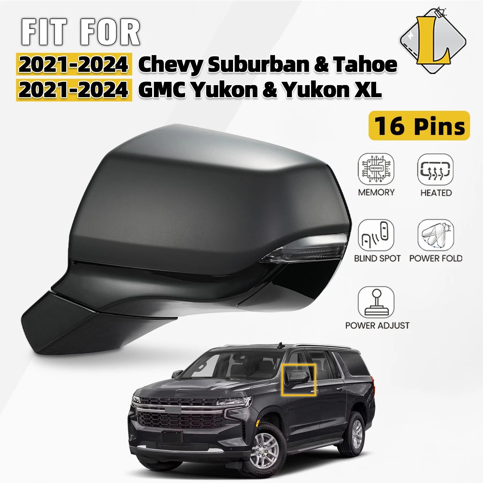 Side Mirror for Chevy Suburban Tahoe GMC Yukon (2021–2024) W/BSD 16 Pins