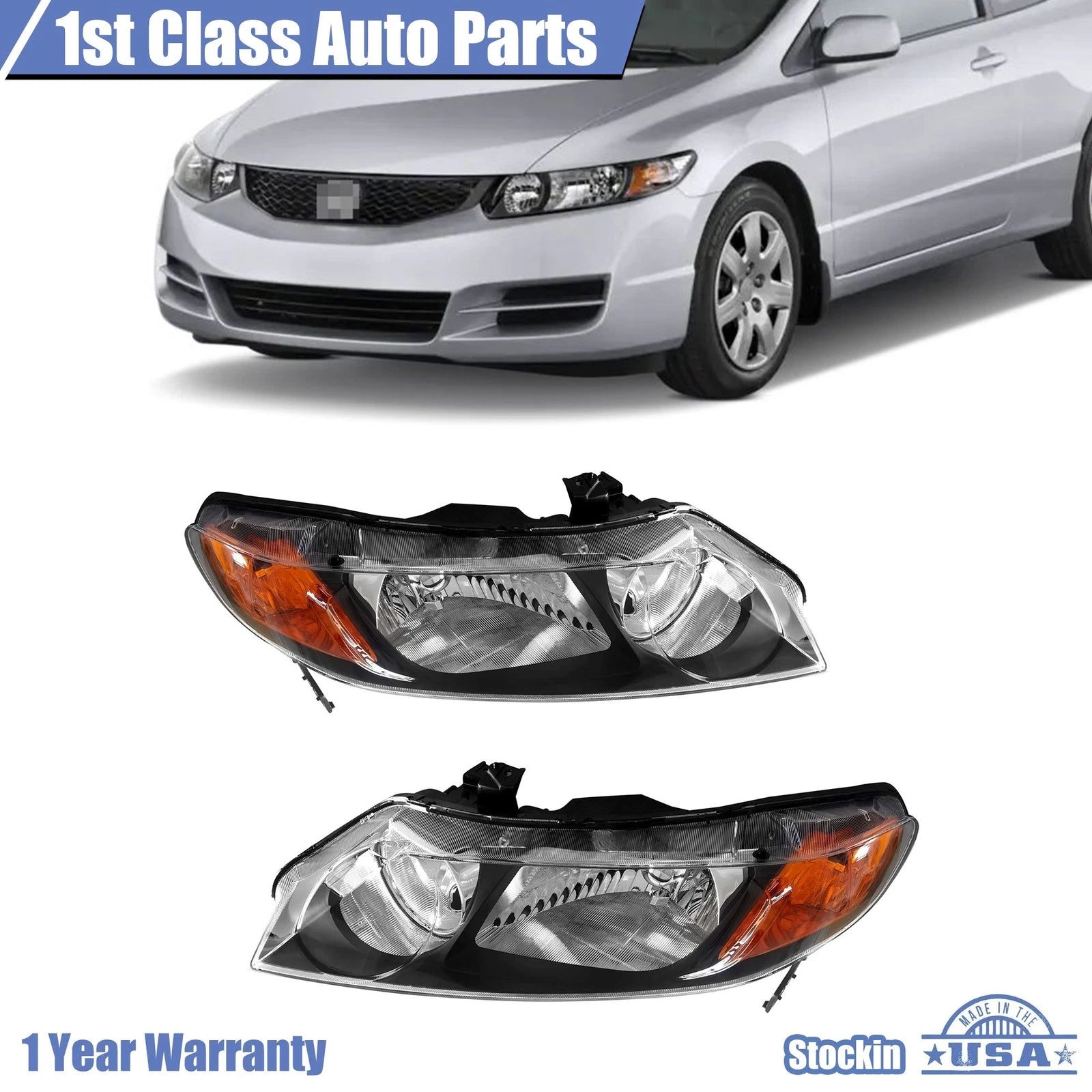 2X Halogen Headlight Assembly for Honda Civic (2006–2011) Left & Right