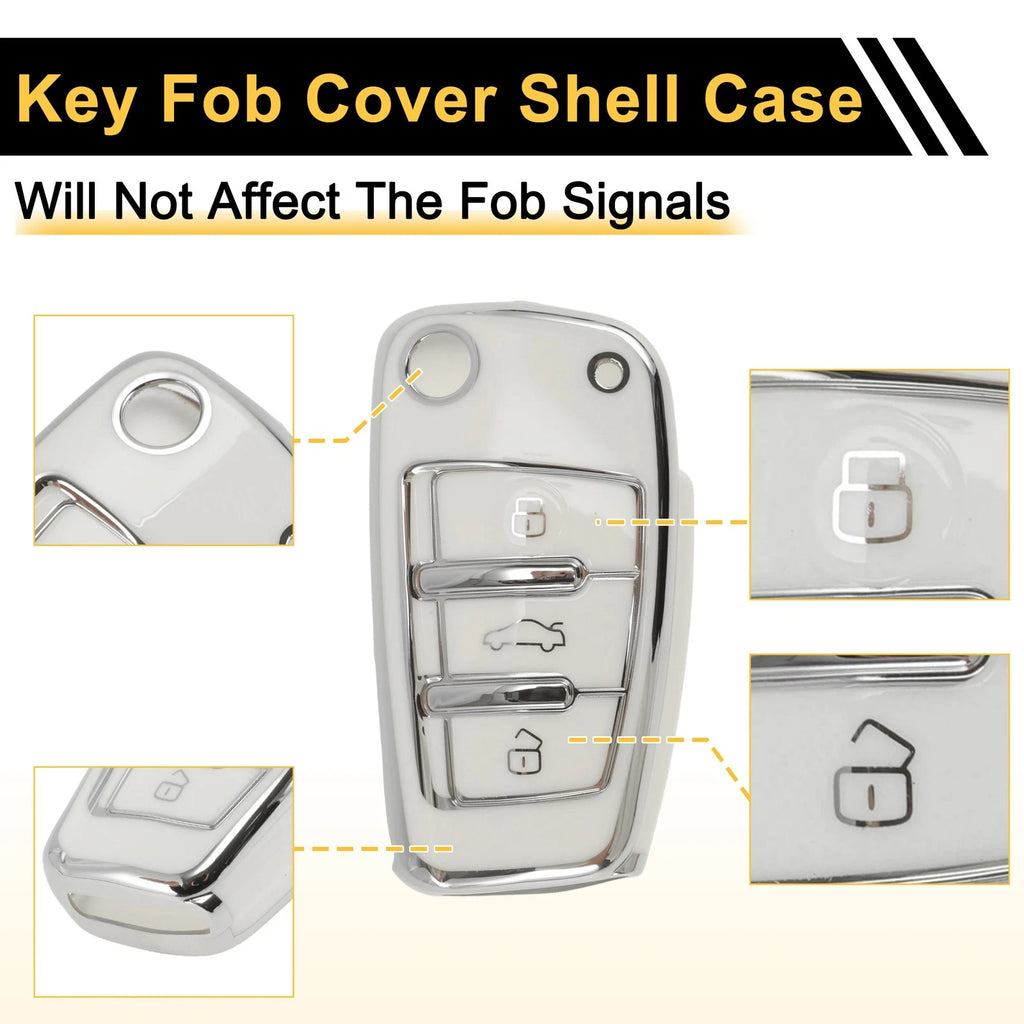 Flip Key Case for Audi A1 (2010–2018) - White Silver Tone TPU Silicone