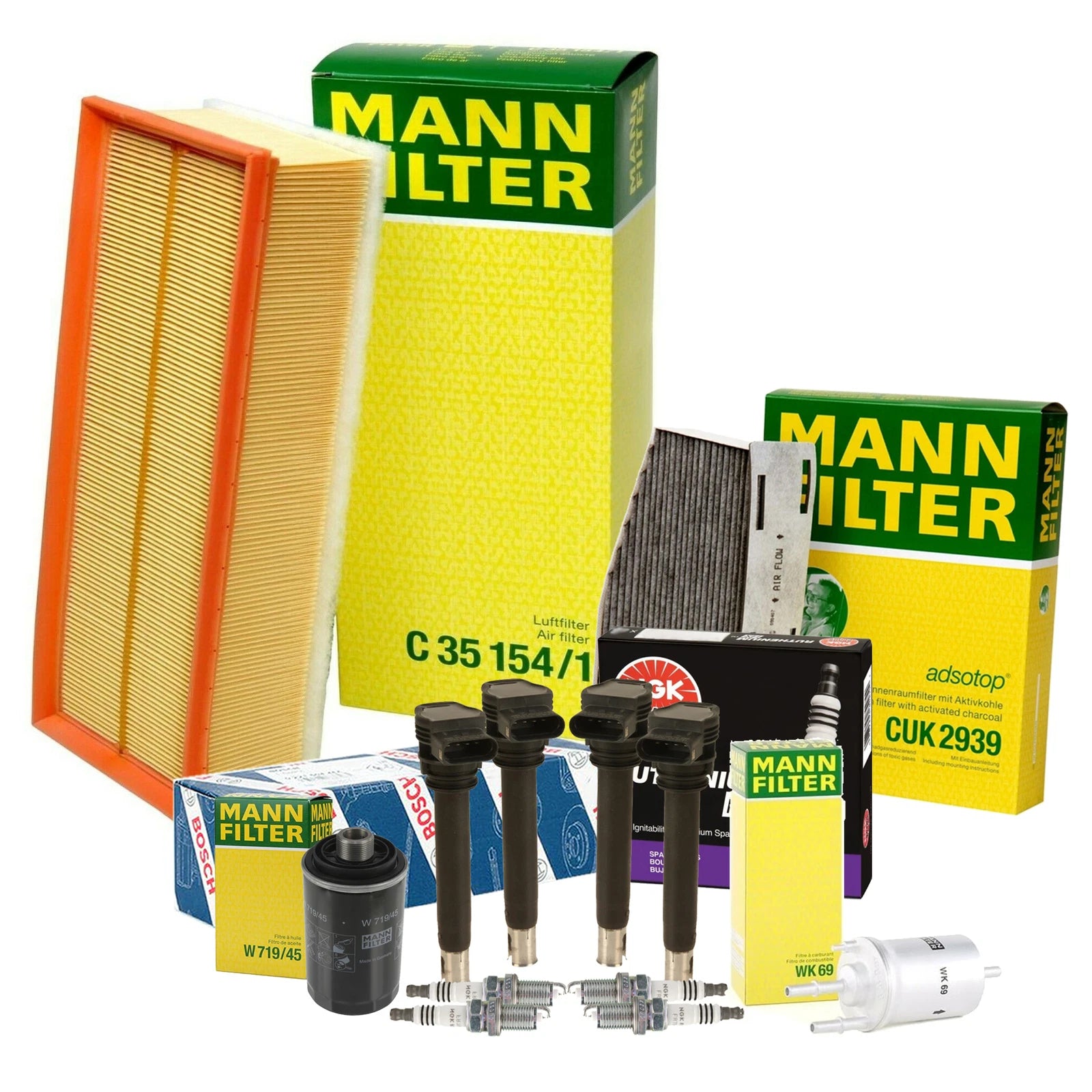 Set of 4 Mann Filters & 4 NGK Ruthenium HX Spark Plugs for Audi VW