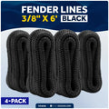Set of 4 Fender Lines 3/8" x 6' with 5" Eyelet - Black Nylon