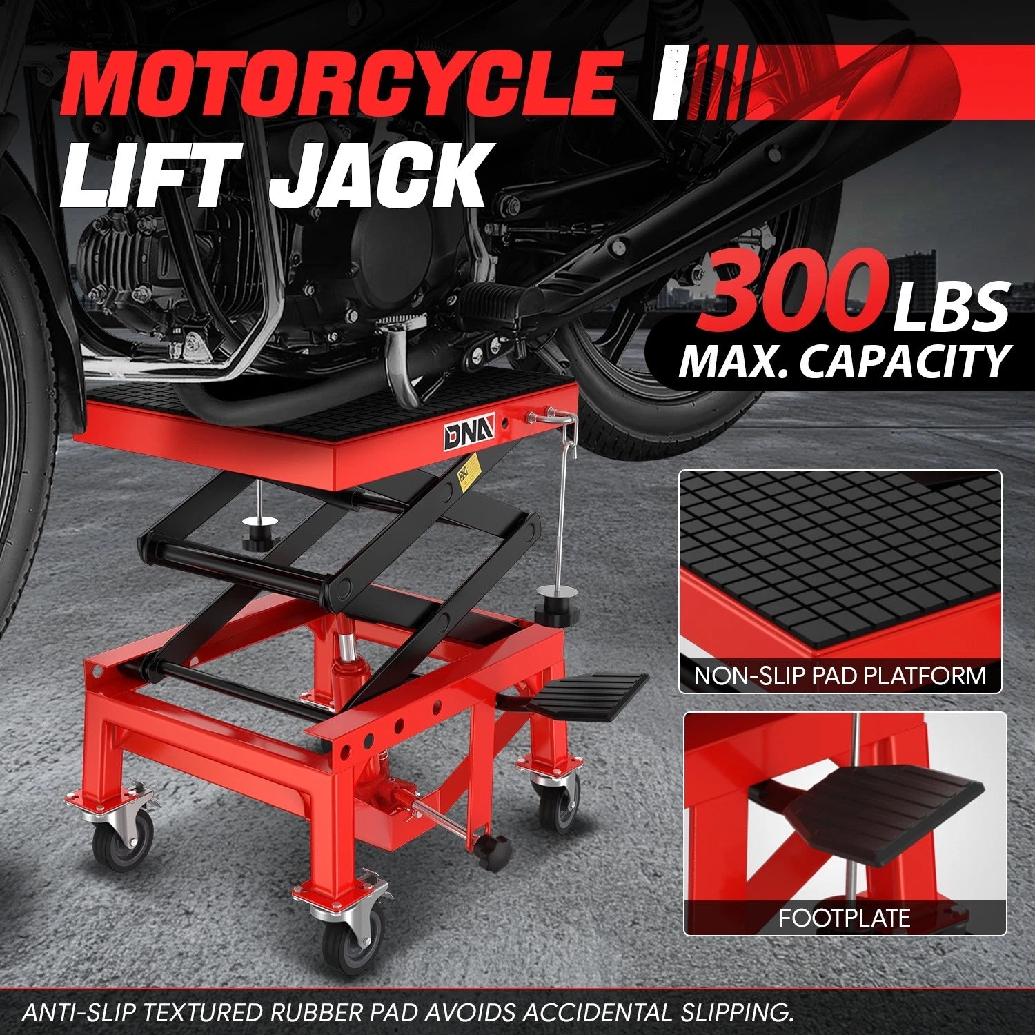 Hydraulic Scissor Lift Jack for Motorcycle (13.5"-34", 300lbs Capacity)
