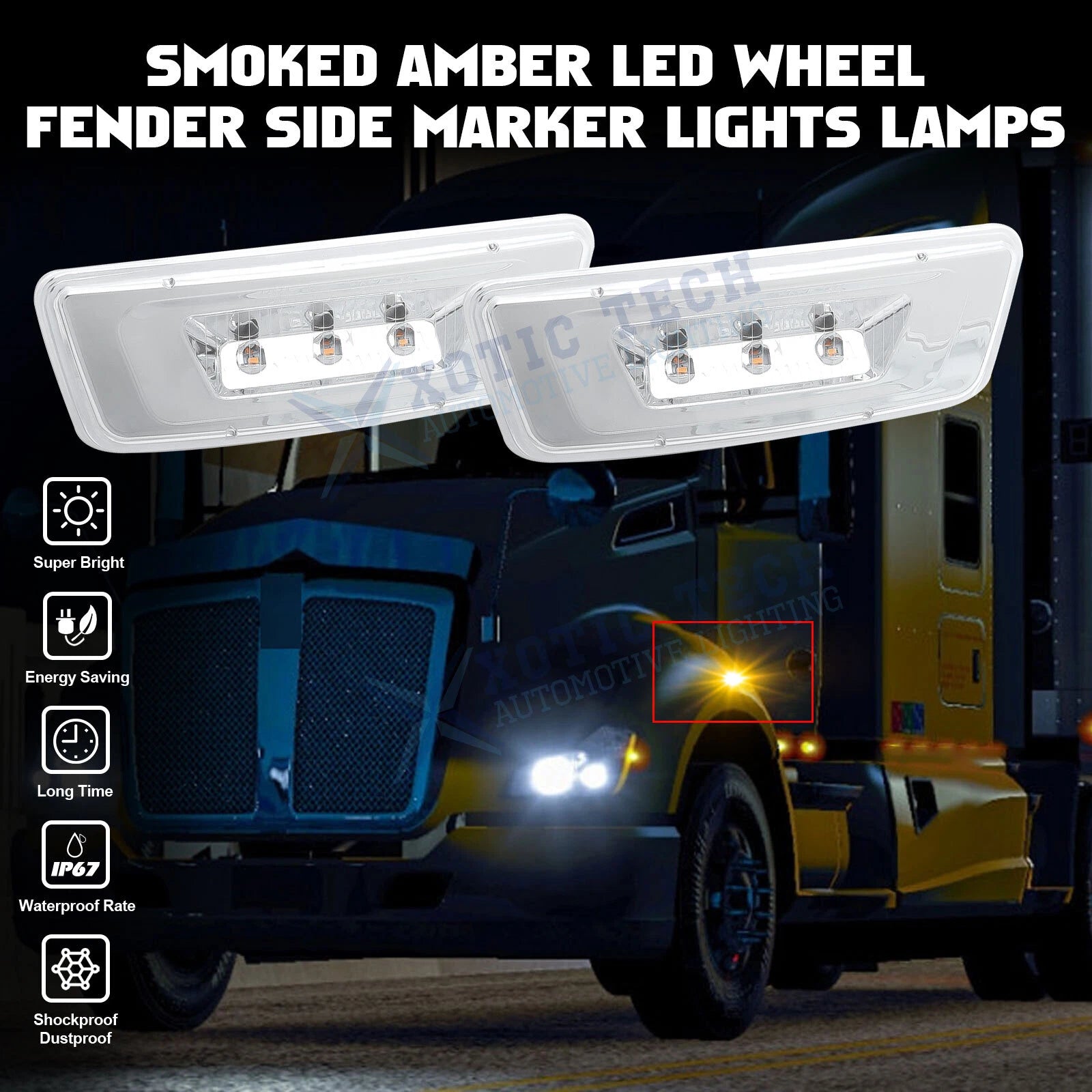 Amber LED Indicator Front Side Marker Light 2-Pack for Kenworth T680 (2018-2024)