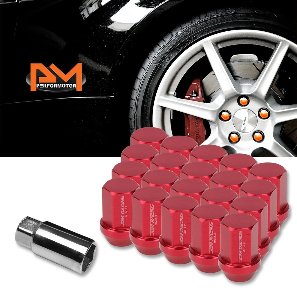 20Pc M12X1.25 Red JDM Closed End Acorn Hex Wheel Lug Nuts + Extension 25mmx35mm