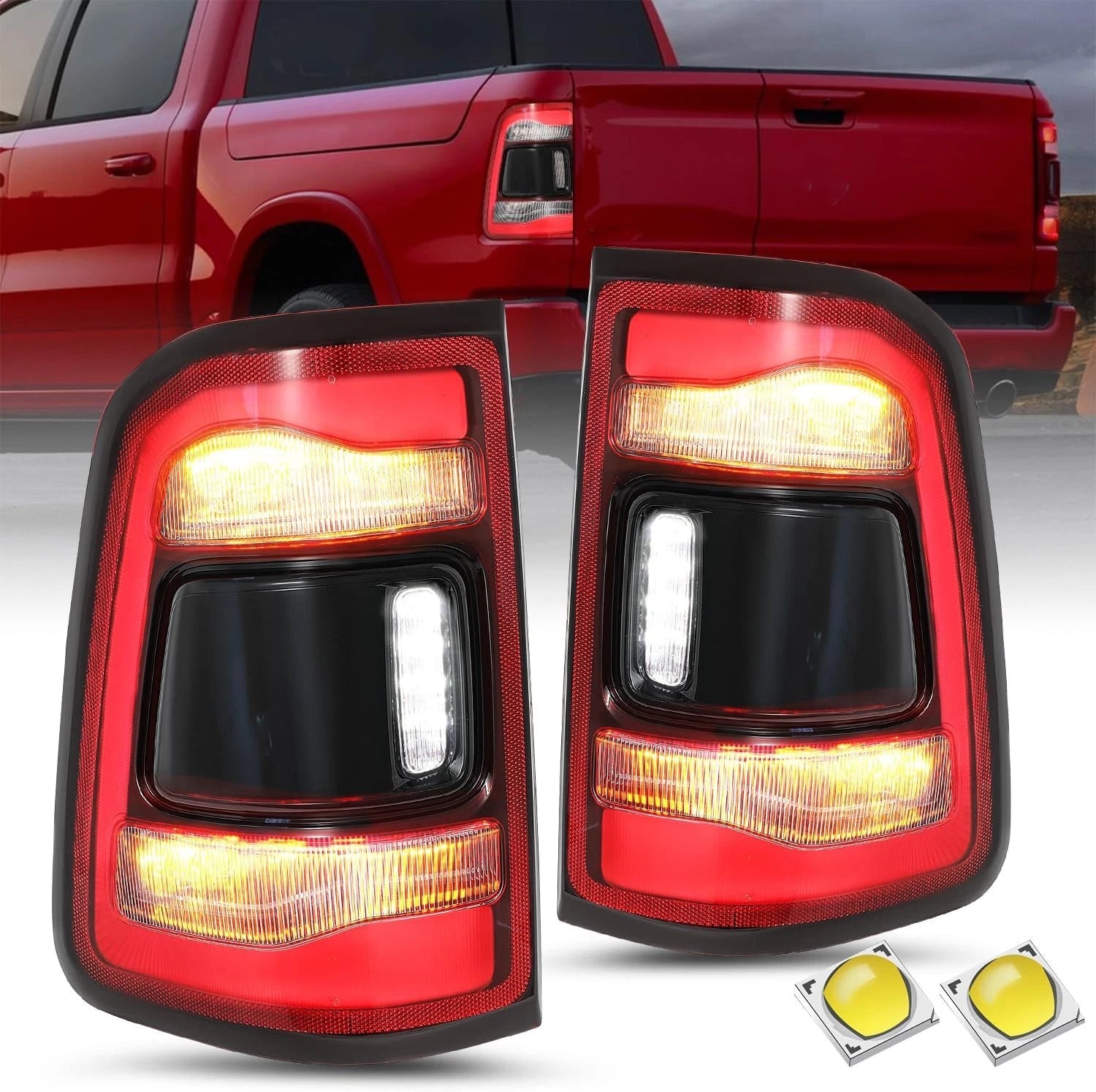 LED Tail Lights Pair for Dodge RAM 2500 3500 (2019–2024) w/Blind Spot Black Bezel
