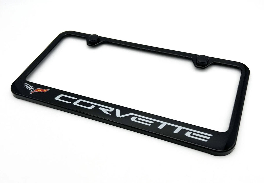 Black Plastic License Plate Frame w/ Chevy Corvette C6 Script Logo