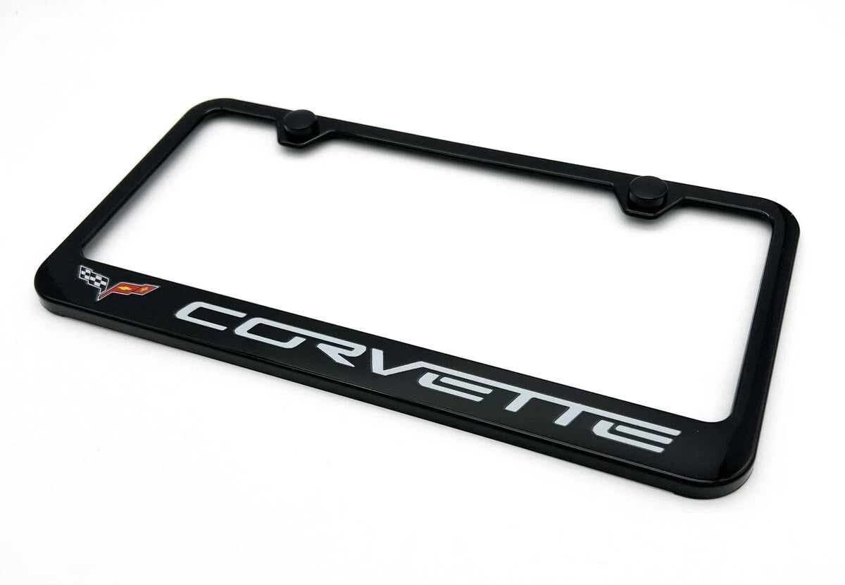 Black Plastic License Plate Frame w/ Chevy Corvette C6 Script Logo