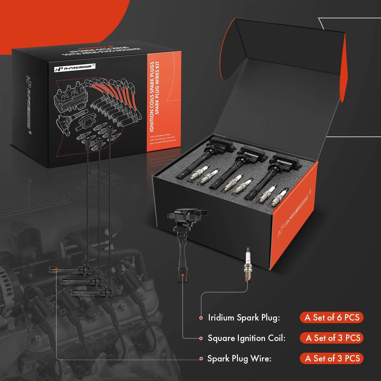 Set of 3 Ignition Coils & 6 Iridium Spark Plugs for Mitsubishi