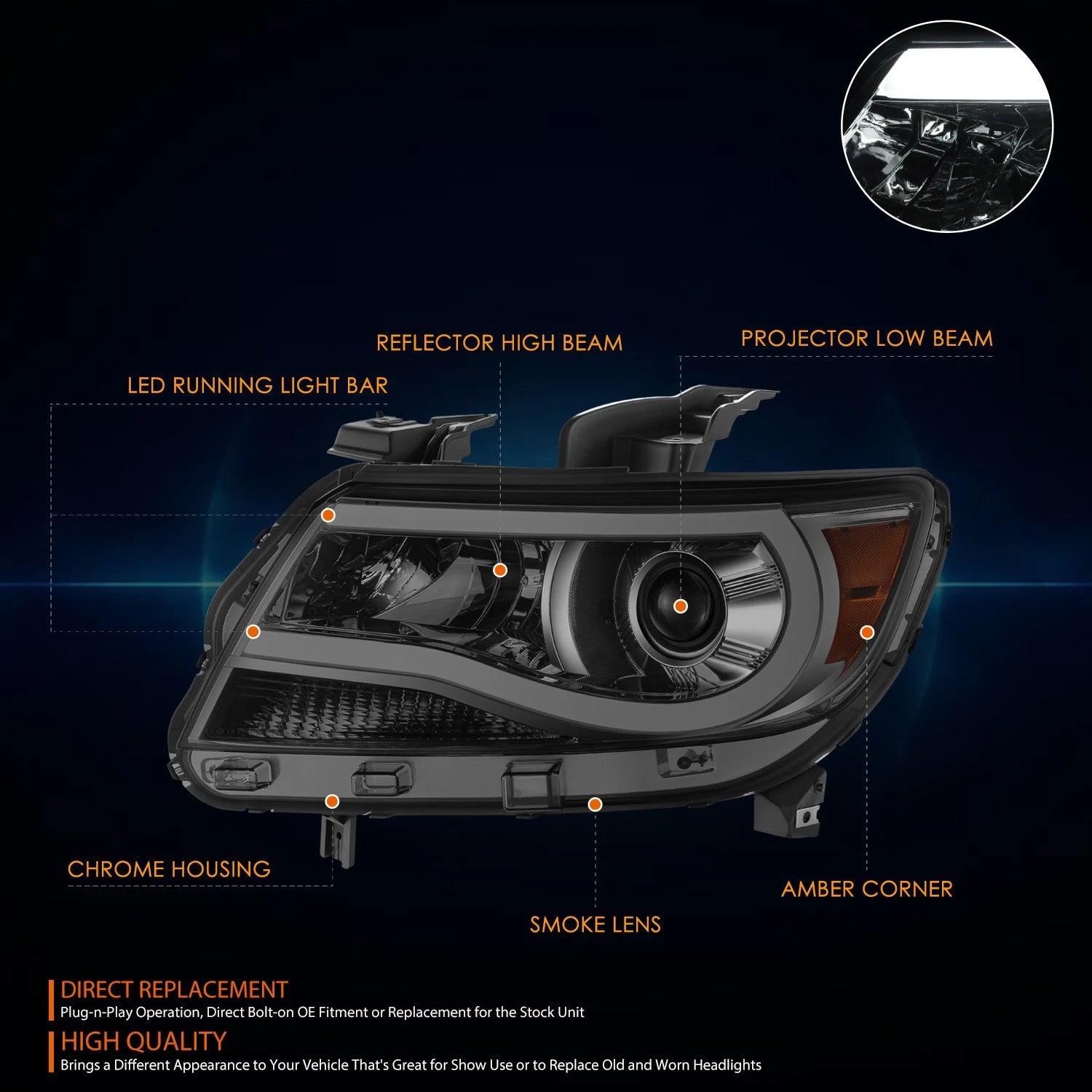 LED Light Bar Projector Headlights for Chevy Colorado (2015–2022) - Chrome Housing