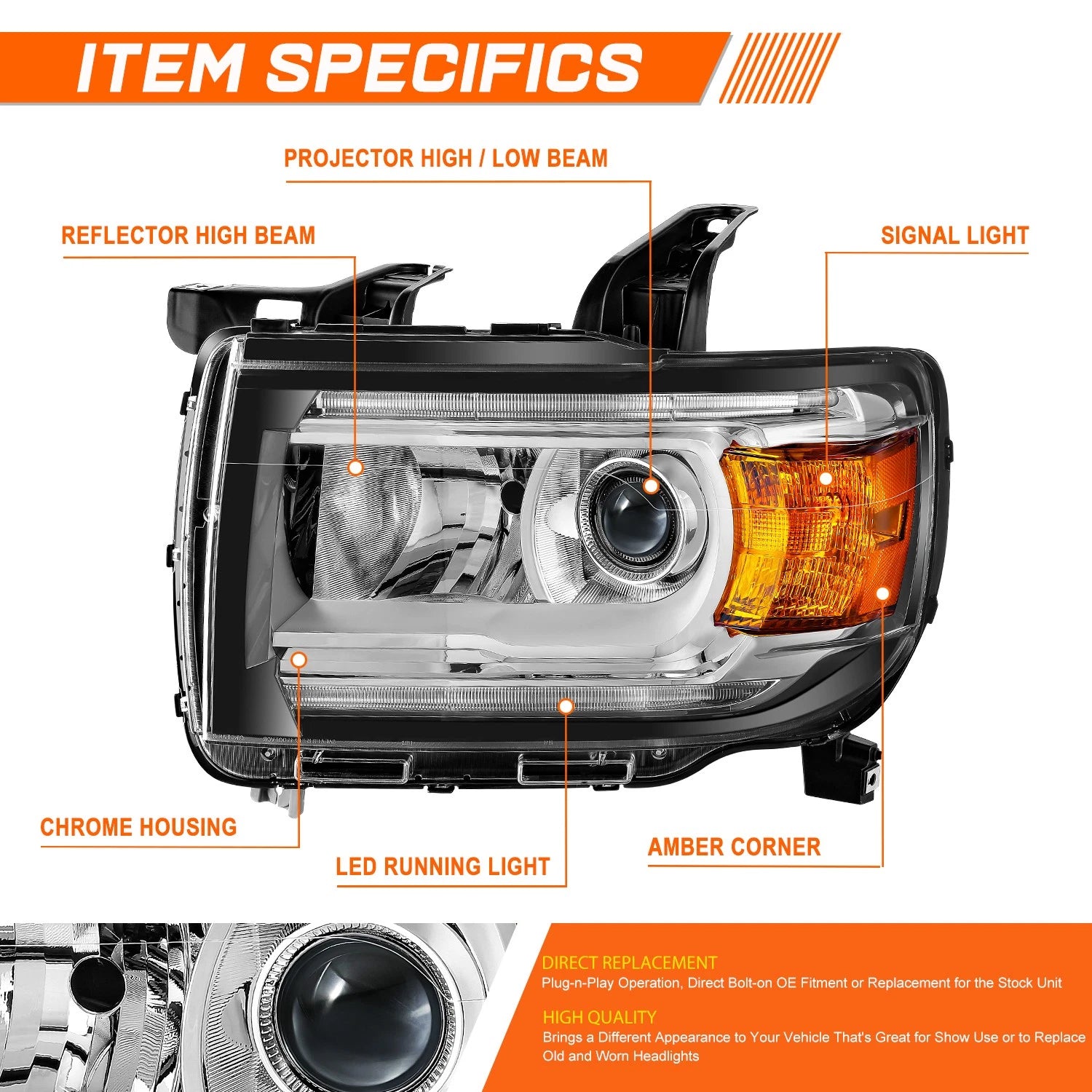 Driver Side Chrome Amber LED DRL Projector Headlight for GMC Canyon (2015–2022)