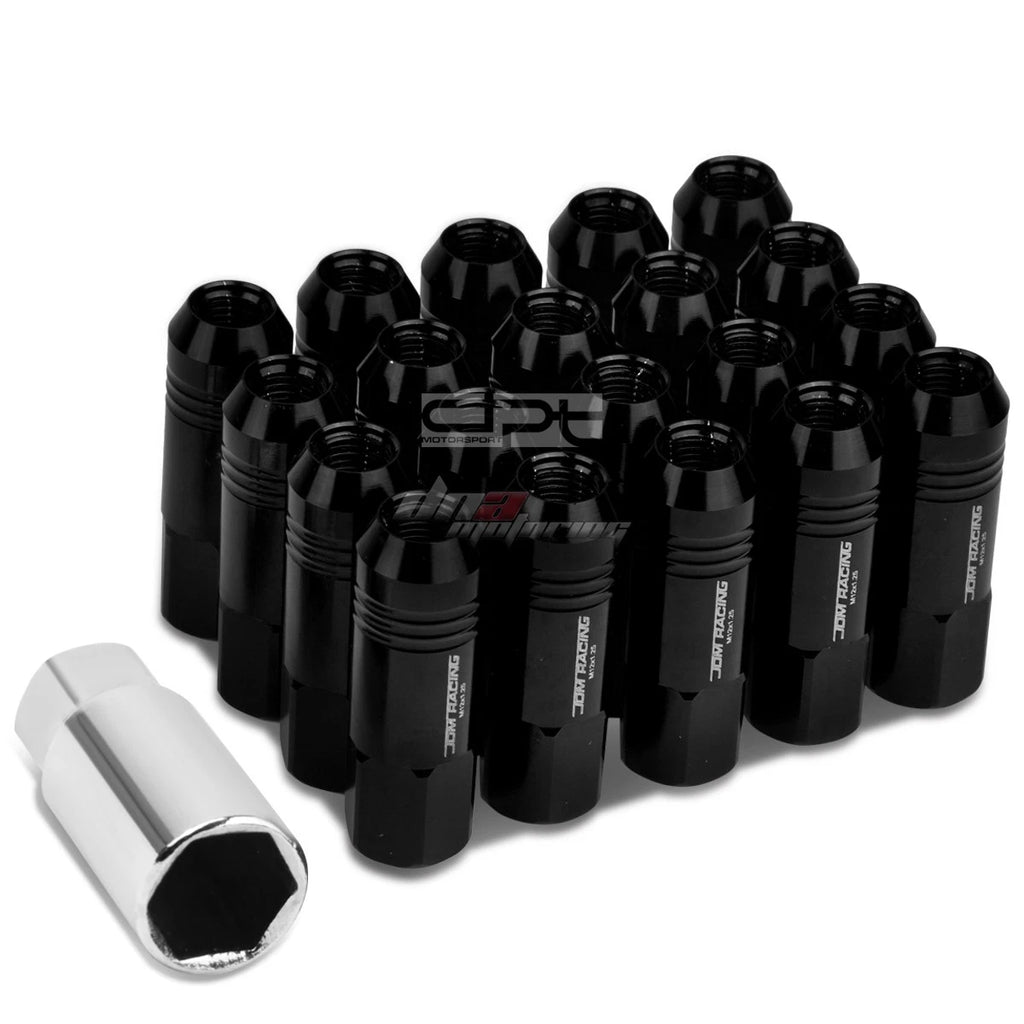 20 PCS Open End M12x1.25 60mm Tall Black Aluminum Lug Nuts + Adapter
