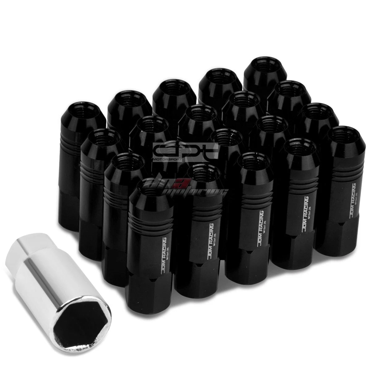 20 PCS Open End M12x1.25 60mm Tall Black Aluminum Lug Nuts + Adapter