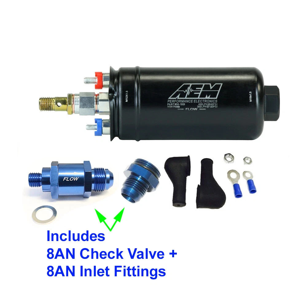 AEM 50-1009 Inline Fuel Pump 400LPH +8AN Inlet / 8AN Valve Key for