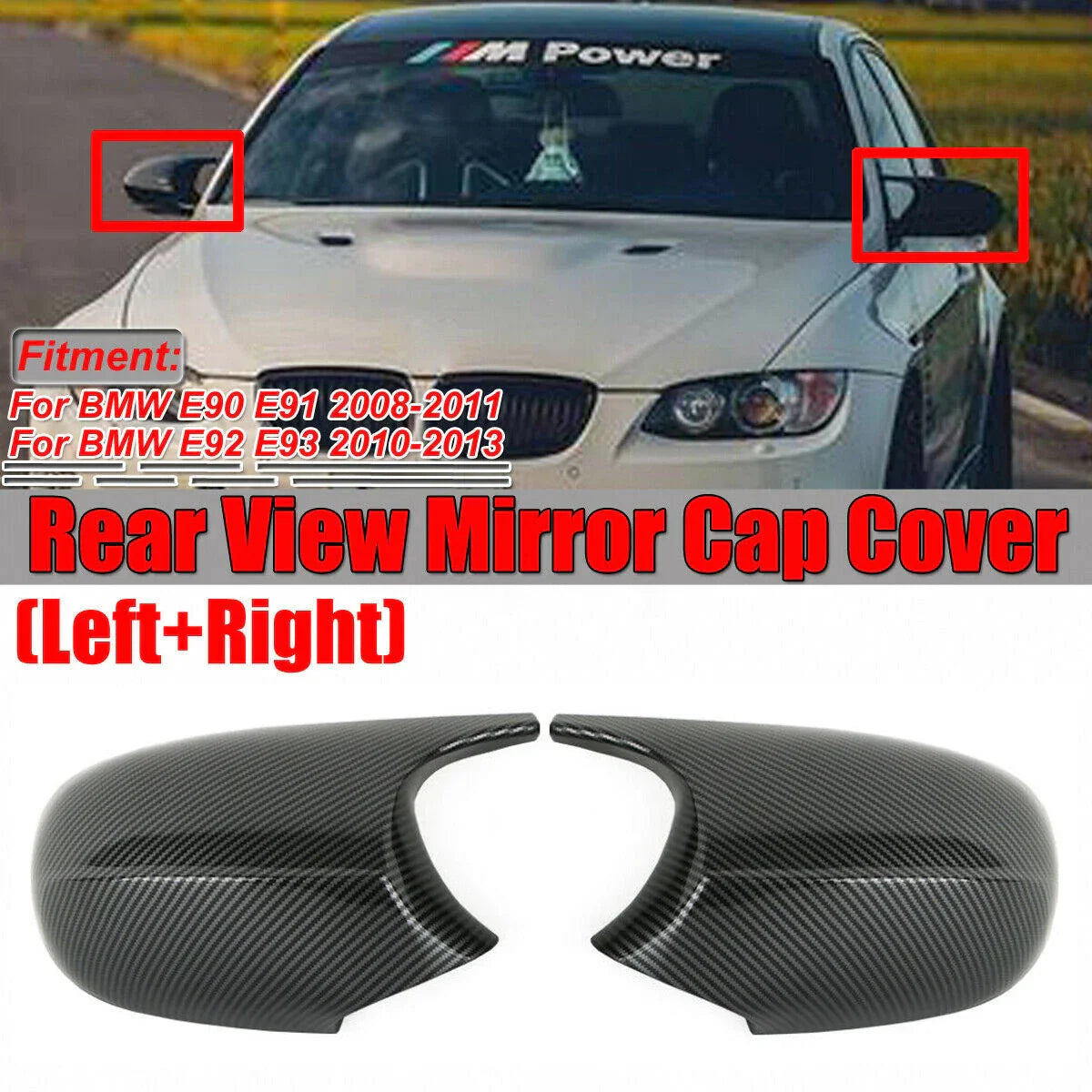 2 x M3 Style Carbon Side Mirror Cover Caps for BMW E90 E92 E93 (2005–2013)