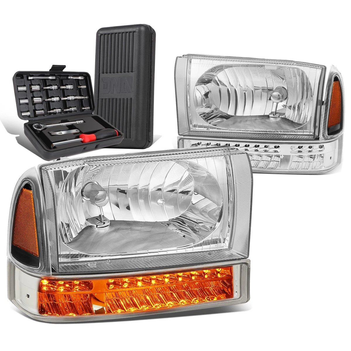 Pair of Chrome Amber LED Signal Headlights for Ford Super Duty (1999–2004)