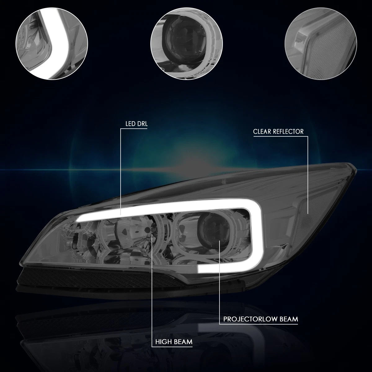 LED DRL Projector Headlight for Ford Escape (2013–2016) Smoked Lens Clear Corner