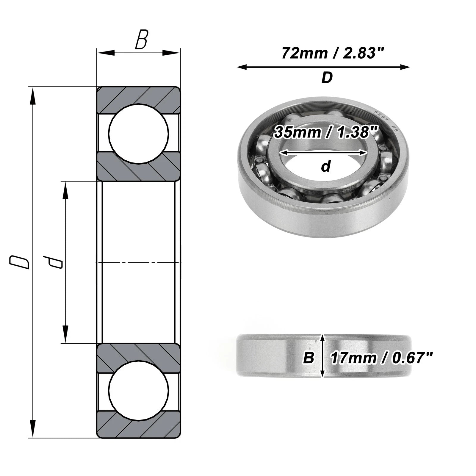 6207 Deep Groove Ball Bearing for Scooter Skateboard Wheel (35x72x17mm)