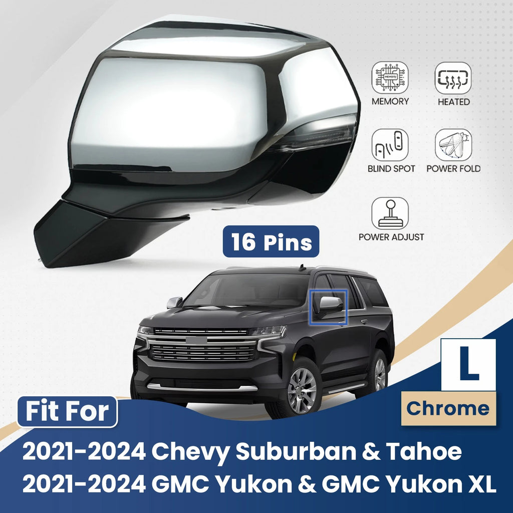Side Mirror for Chevy Suburban Tahoe GMC Yukon (2021–2024) 16 Pins Chrome