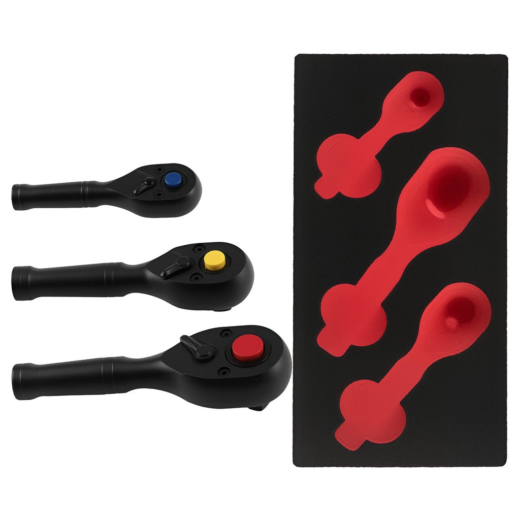 3pc Stubby Ratchet Set 1/4 3/8 1/2 Drive 72T for Auto Repair