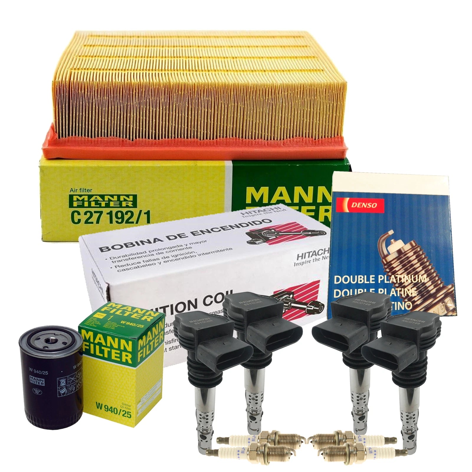 Set of 4 Double Platinum Spark Plugs for Hitachi L4 (Mann, Denso)