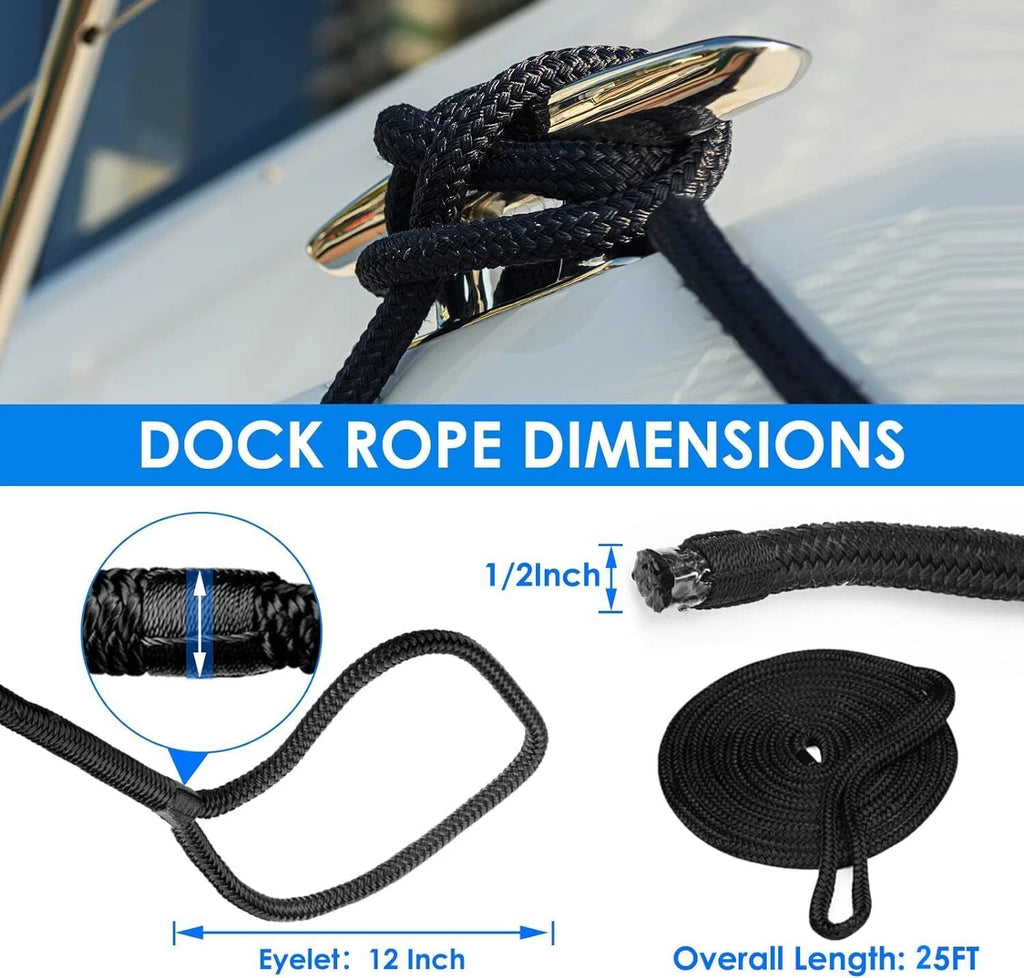 Set of 4 Double Braid Nylon Dock Lines for Boat (25FT, 1/2 inch)
