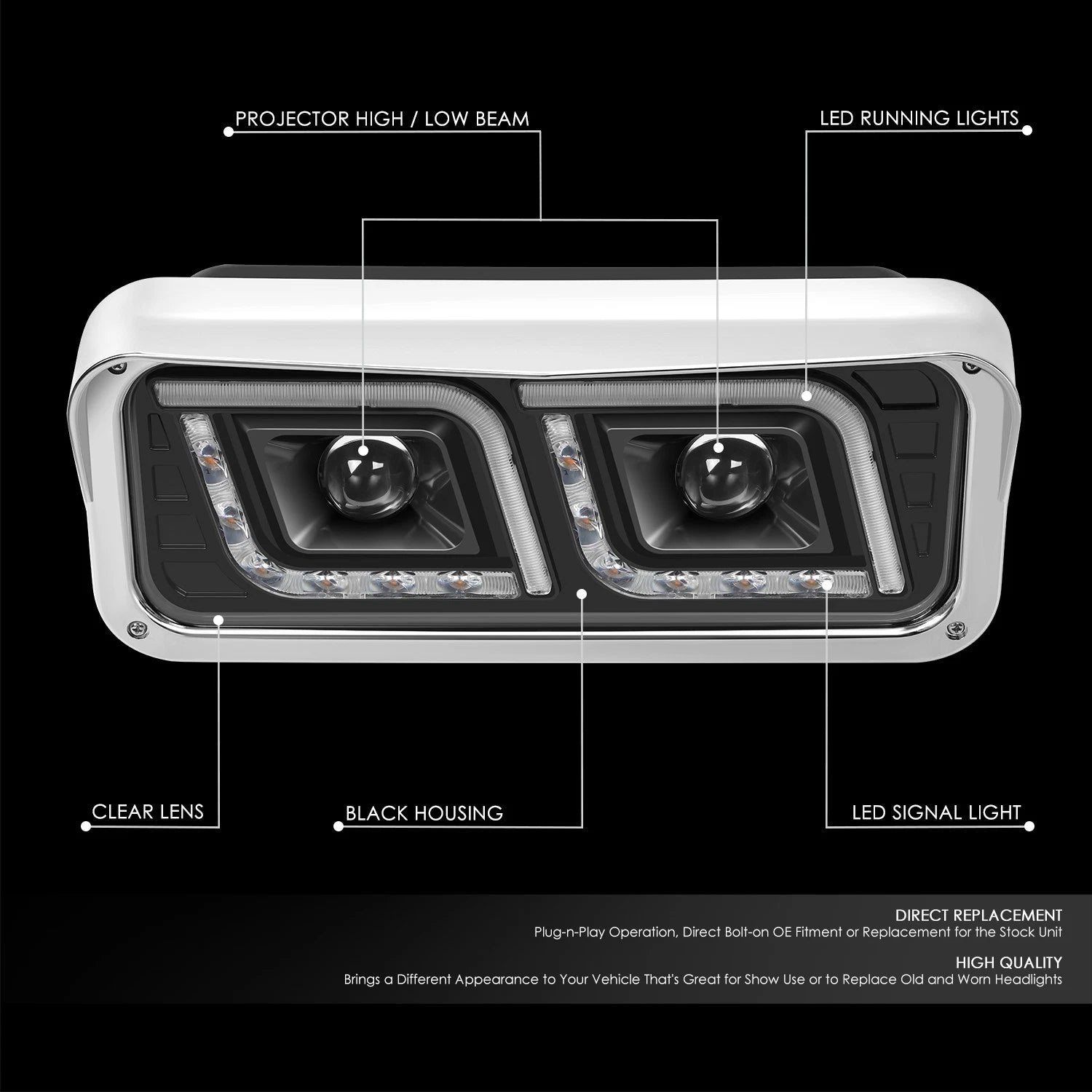 LED DRL + Signal Projector Headlight for Western Star 4800, Kenworth W900 (1981–2019)