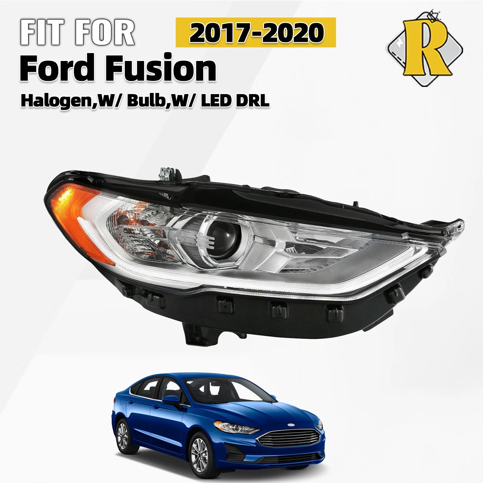 Halogen Headlight for Ford Fusion (2017–2020) w/ LED DRL, Passenger Side
