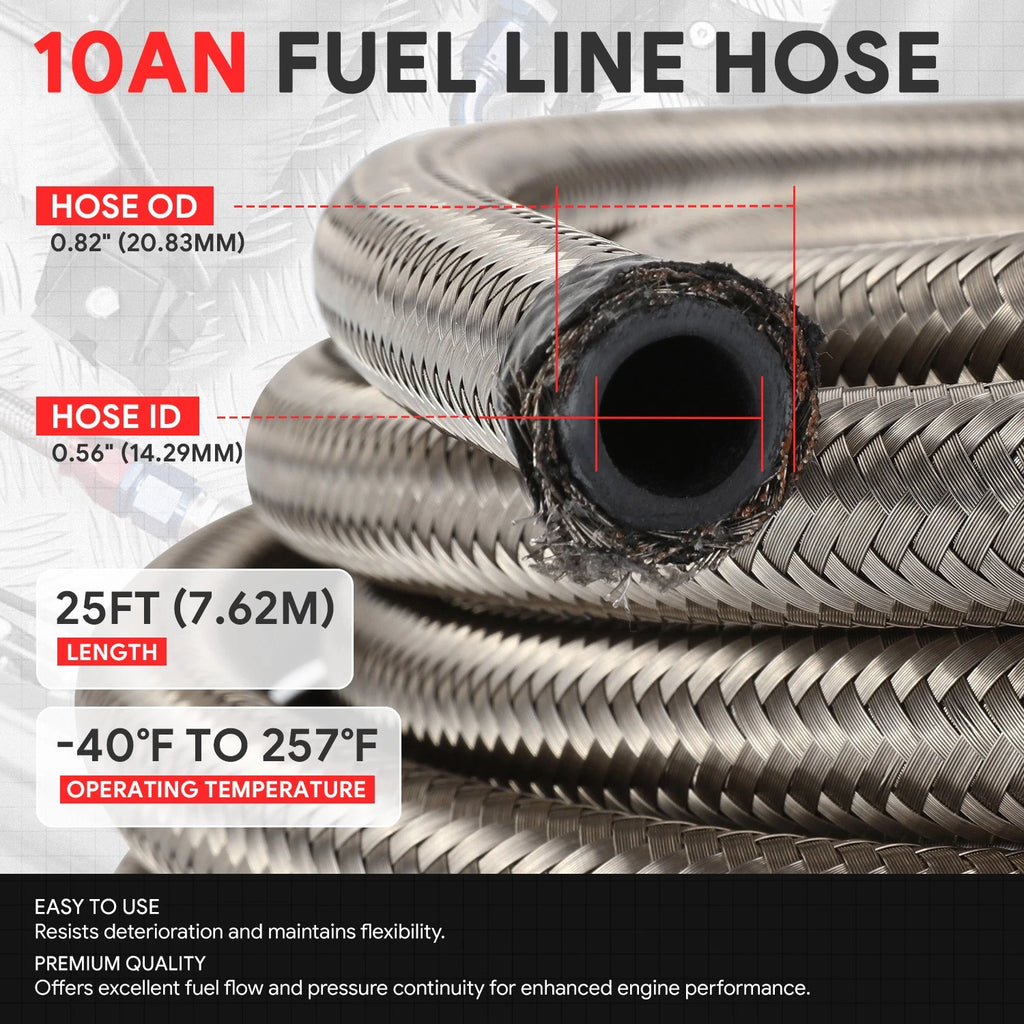 J2 10AN Stainless Steel Braided Fuel Line Tube Oil Hose Kit 25FT