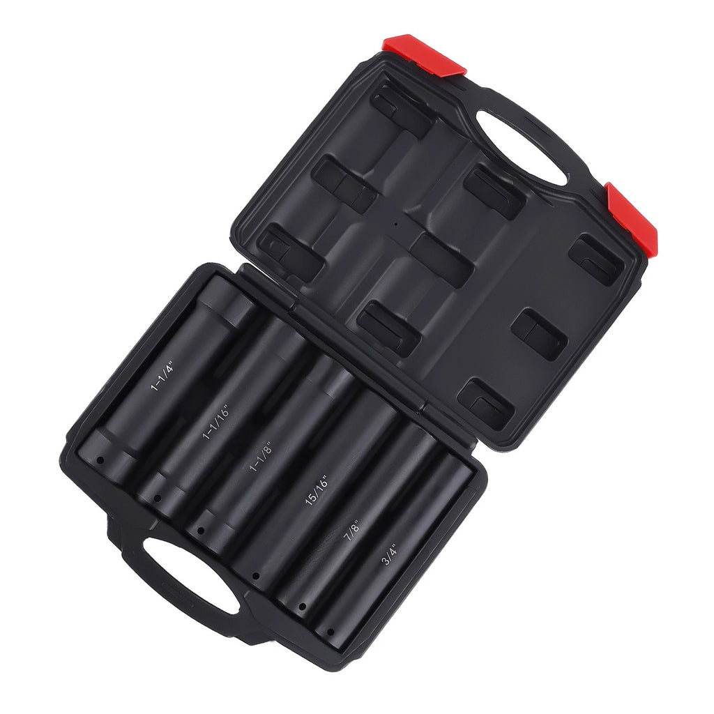6X 1/2 Inch Drive Extended Length Impact Socket Set with Storage Case