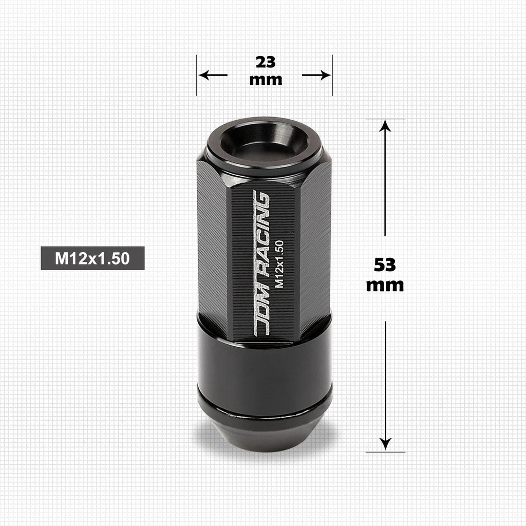 Set of 20 M12X1.5 Black JDM Cone Seat Hex Wheel Lug Nuts with Cap & Extension