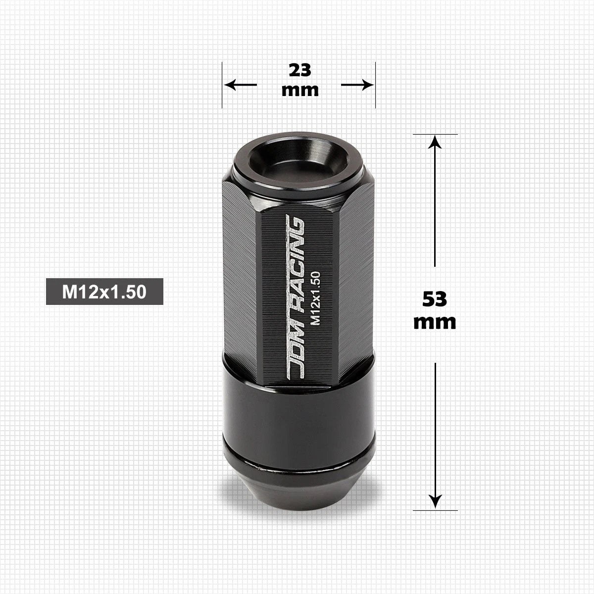 Set of 20 M12X1.5 Black JDM Cone Seat Hex Wheel Lug Nuts with Cap & Extension